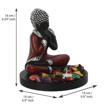 eCraftIndia Antique Finish Handcrafted Thinking Buddha with Wooden Base, Fragranced Petals and Tealight 4