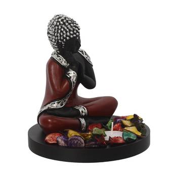 eCraftIndia Antique Finish Handcrafted Thinking Buddha with Wooden Base, Fragranced Petals and Tealight 5