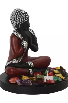 eCraftIndia Antique Finish Handcrafted Thinking Buddha with Wooden Base, Fragranced Petals and Tealight