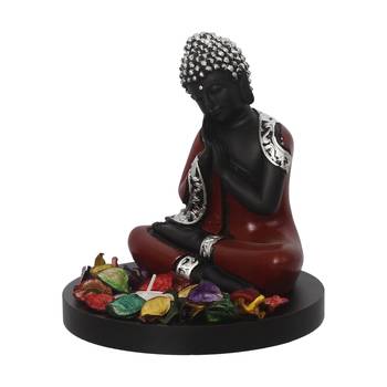eCraftIndia Antique Finish Handcrafted Thinking Buddha with Wooden Base, Fragranced Petals and Tealight 6