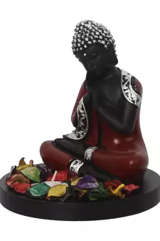 eCraftIndia Antique Finish Handcrafted Thinking Buddha with Wooden Base, Fragranced Petals and Tealight