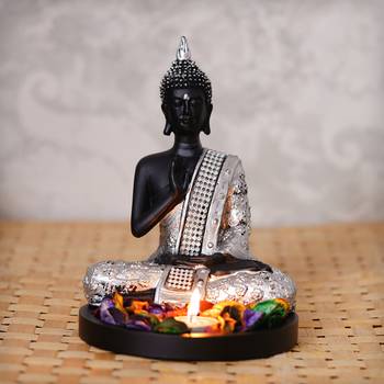 eCraftIndia Handcrafted Meditating Blessing Silver Buddha with Wooden Base, Fragranced Petals and Tealight 1