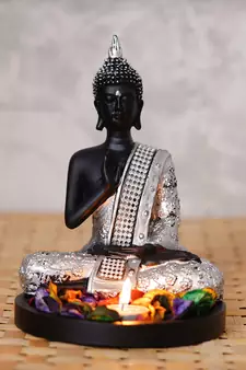 eCraftIndia Handcrafted Meditating Blessing Silver Buddha with Wooden Base, Fragranced Petals and Tealight