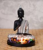 eCraftIndia Handcrafted Meditating Blessing Silver Buddha with Wooden Base, Fragranced Petals and Tealight