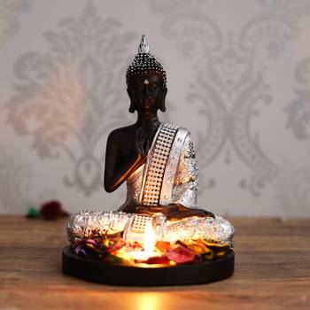 eCraftIndia Handcrafted Meditating Blessing Silver Buddha with Wooden Base, Fragranced Petals and Tealight 2
