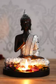 eCraftIndia Handcrafted Meditating Blessing Silver Buddha with Wooden Base, Fragranced Petals and Tealight