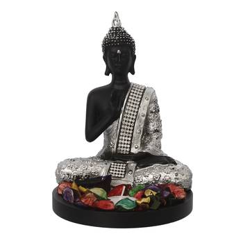 eCraftIndia Handcrafted Meditating Blessing Silver Buddha with Wooden Base, Fragranced Petals and Tealight 3