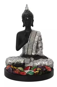 eCraftIndia Handcrafted Meditating Blessing Silver Buddha with Wooden Base, Fragranced Petals and Tealight