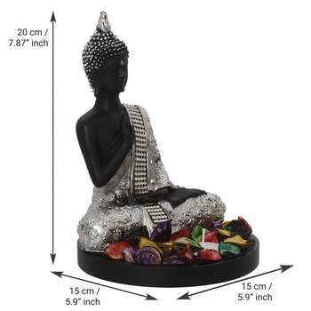 eCraftIndia Handcrafted Meditating Blessing Silver Buddha with Wooden Base, Fragranced Petals and Tealight 4