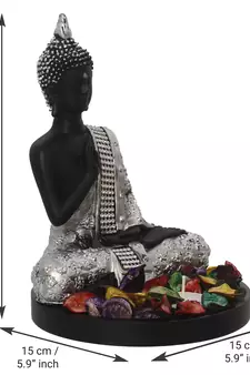 eCraftIndia Handcrafted Meditating Blessing Silver Buddha with Wooden Base, Fragranced Petals and Tealight