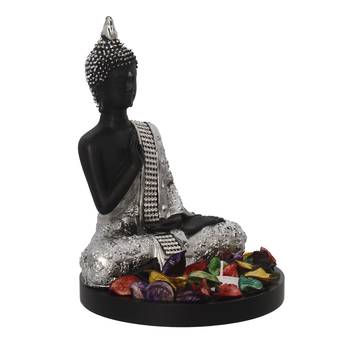 eCraftIndia Handcrafted Meditating Blessing Silver Buddha with Wooden Base, Fragranced Petals and Tealight 5