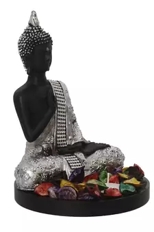 eCraftIndia Handcrafted Meditating Blessing Silver Buddha with Wooden Base, Fragranced Petals and Tealight