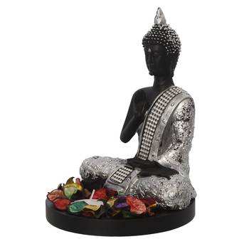 eCraftIndia Handcrafted Meditating Blessing Silver Buddha with Wooden Base, Fragranced Petals and Tealight 6