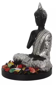 eCraftIndia Handcrafted Meditating Blessing Silver Buddha with Wooden Base, Fragranced Petals and Tealight