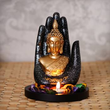 eCraftIndia Golden Silver Handcrafted Palm Buddha with Wooden Base, Fragranced Petals and Tealight 1