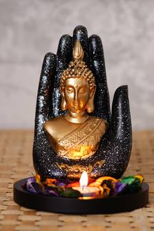 eCraftIndia Golden Silver Handcrafted Palm Buddha with Wooden Base, Fragranced Petals and Tealight