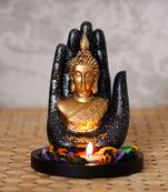 eCraftIndia Golden Silver Handcrafted Palm Buddha with Wooden Base, Fragranced Petals and Tealight
