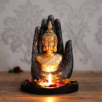 eCraftIndia Golden Silver Handcrafted Palm Buddha with Wooden Base, Fragranced Petals and Tealight 2