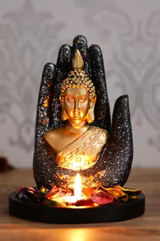 eCraftIndia Golden Silver Handcrafted Palm Buddha with Wooden Base, Fragranced Petals and Tealight