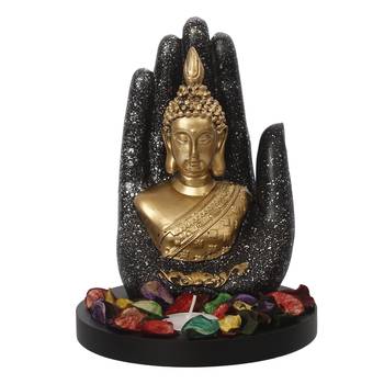 eCraftIndia Golden Silver Handcrafted Palm Buddha with Wooden Base, Fragranced Petals and Tealight 3
