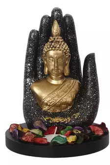 eCraftIndia Golden Silver Handcrafted Palm Buddha with Wooden Base, Fragranced Petals and Tealight