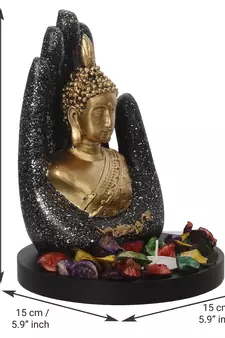 eCraftIndia Golden Silver Handcrafted Palm Buddha with Wooden Base, Fragranced Petals and Tealight