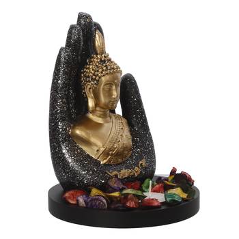eCraftIndia Golden Silver Handcrafted Palm Buddha with Wooden Base, Fragranced Petals and Tealight 5