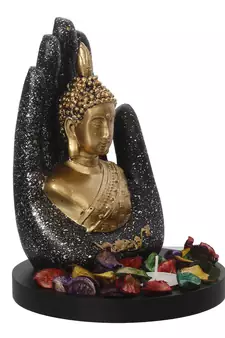 eCraftIndia Golden Silver Handcrafted Palm Buddha with Wooden Base, Fragranced Petals and Tealight