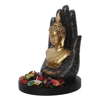 eCraftIndia Golden Silver Handcrafted Palm Buddha with Wooden Base, Fragranced Petals and Tealight 6