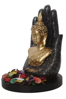 eCraftIndia Golden Silver Handcrafted Palm Buddha with Wooden Base, Fragranced Petals and Tealight