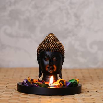 eCraftIndia Decorative Black and Golden Buddha Head with Wooden Base, Fragranced Petals and Tealight 1