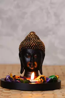 eCraftIndia Decorative Black and Golden Buddha Head with Wooden Base, Fragranced Petals and Tealight
