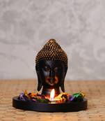 eCraftIndia Decorative Black and Golden Buddha Head with Wooden Base, Fragranced Petals and Tealight
