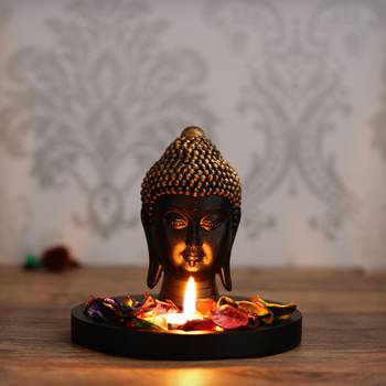 eCraftIndia Decorative Black and Golden Buddha Head with Wooden Base, Fragranced Petals and Tealight 2