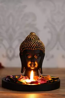 eCraftIndia Decorative Black and Golden Buddha Head with Wooden Base, Fragranced Petals and Tealight