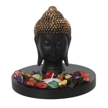 eCraftIndia Decorative Black and Golden Buddha Head with Wooden Base, Fragranced Petals and Tealight 3
