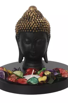 eCraftIndia Decorative Black and Golden Buddha Head with Wooden Base, Fragranced Petals and Tealight