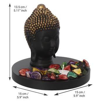eCraftIndia Decorative Black and Golden Buddha Head with Wooden Base, Fragranced Petals and Tealight 4