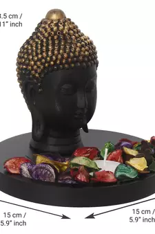 eCraftIndia Decorative Black and Golden Buddha Head with Wooden Base, Fragranced Petals and Tealight
