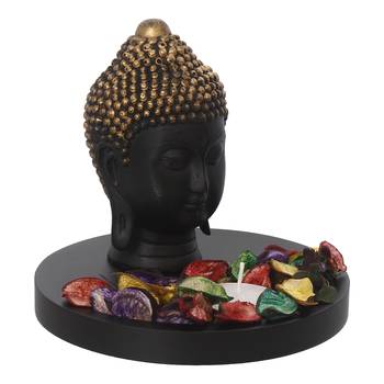 eCraftIndia Decorative Black and Golden Buddha Head with Wooden Base, Fragranced Petals and Tealight 5