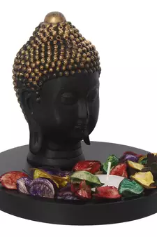eCraftIndia Decorative Black and Golden Buddha Head with Wooden Base, Fragranced Petals and Tealight