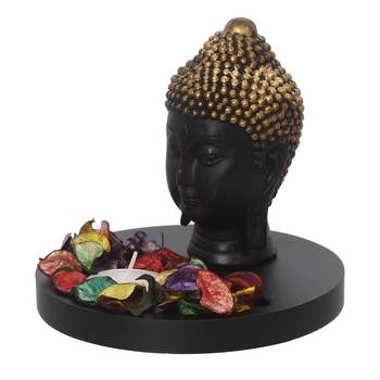 eCraftIndia Decorative Black and Golden Buddha Head with Wooden Base, Fragranced Petals and Tealight 6