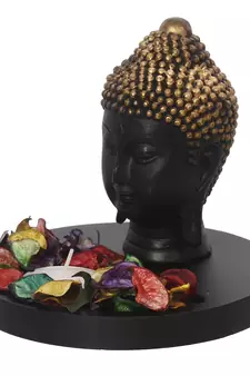 eCraftIndia Decorative Black and Golden Buddha Head with Wooden Base, Fragranced Petals and Tealight