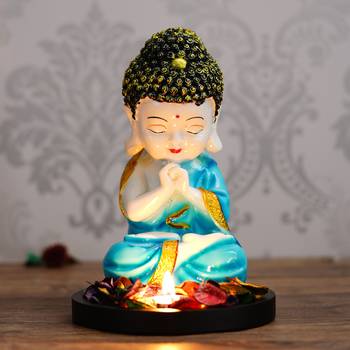 eCraftIndia Praying Blue Monk Buddha with Wooden Base, Fragranced Petals and Tealight 2
