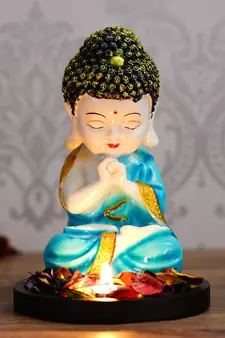 eCraftIndia Praying Blue Monk Buddha with Wooden Base, Fragranced Petals and Tealight