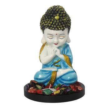 eCraftIndia Praying Blue Monk Buddha with Wooden Base, Fragranced Petals and Tealight 3