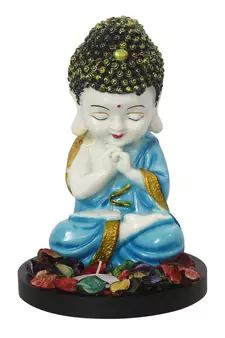 eCraftIndia Praying Blue Monk Buddha with Wooden Base, Fragranced Petals and Tealight