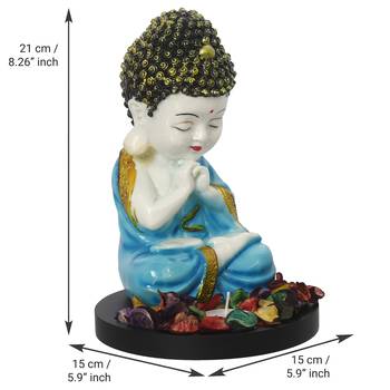 eCraftIndia Praying Blue Monk Buddha with Wooden Base, Fragranced Petals and Tealight 4