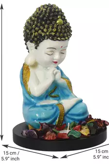 eCraftIndia Praying Blue Monk Buddha with Wooden Base, Fragranced Petals and Tealight