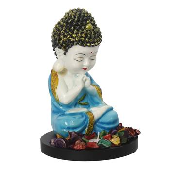 eCraftIndia Praying Blue Monk Buddha with Wooden Base, Fragranced Petals and Tealight 5
